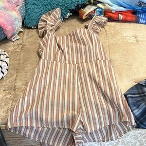 Striped Ruffle-Strap Romper - Cream & Brown, Pink & Blue